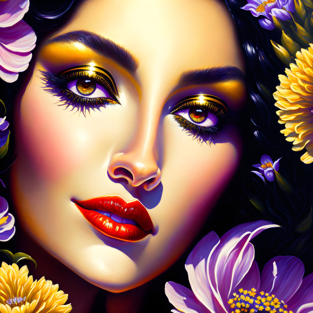 Colorful digital portrait of woman with striking eyes and red lips