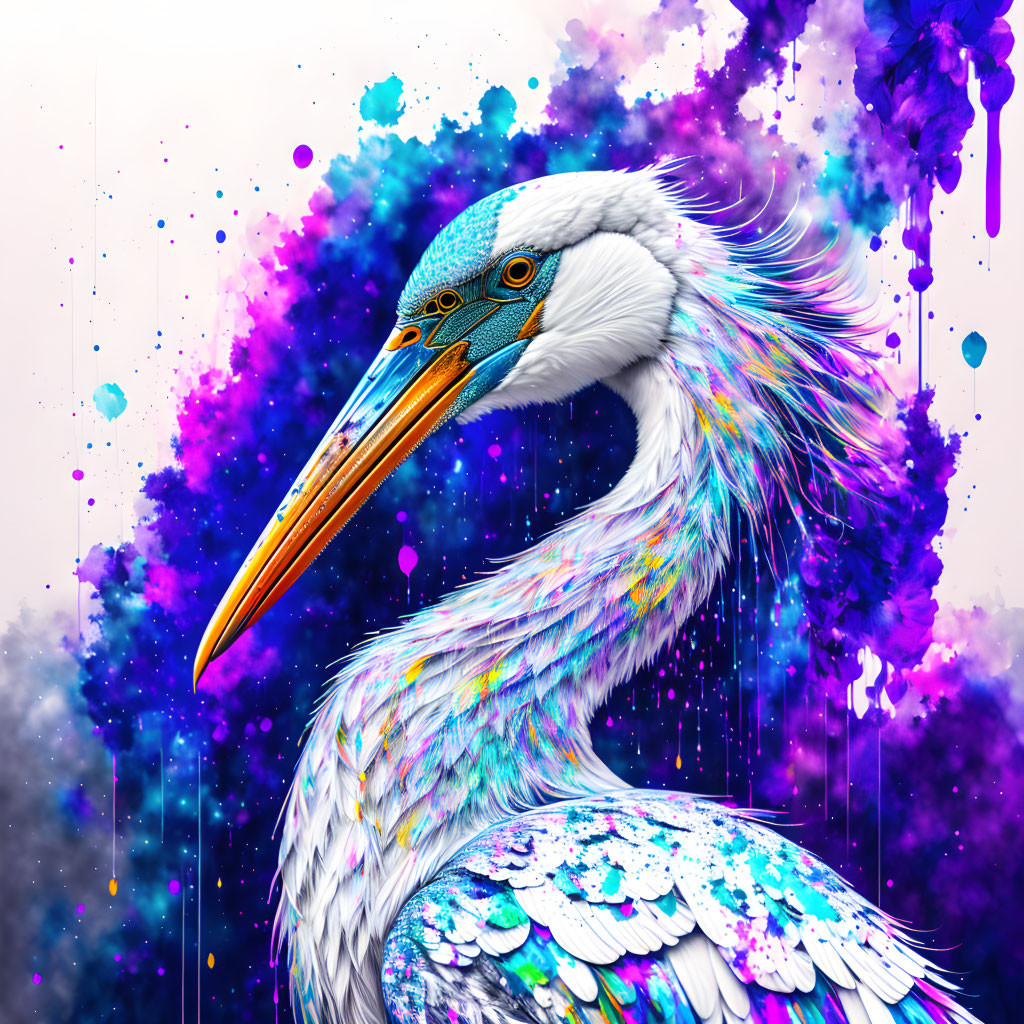 Colorful Heron Artwork with Dynamic Paint Splatter Background