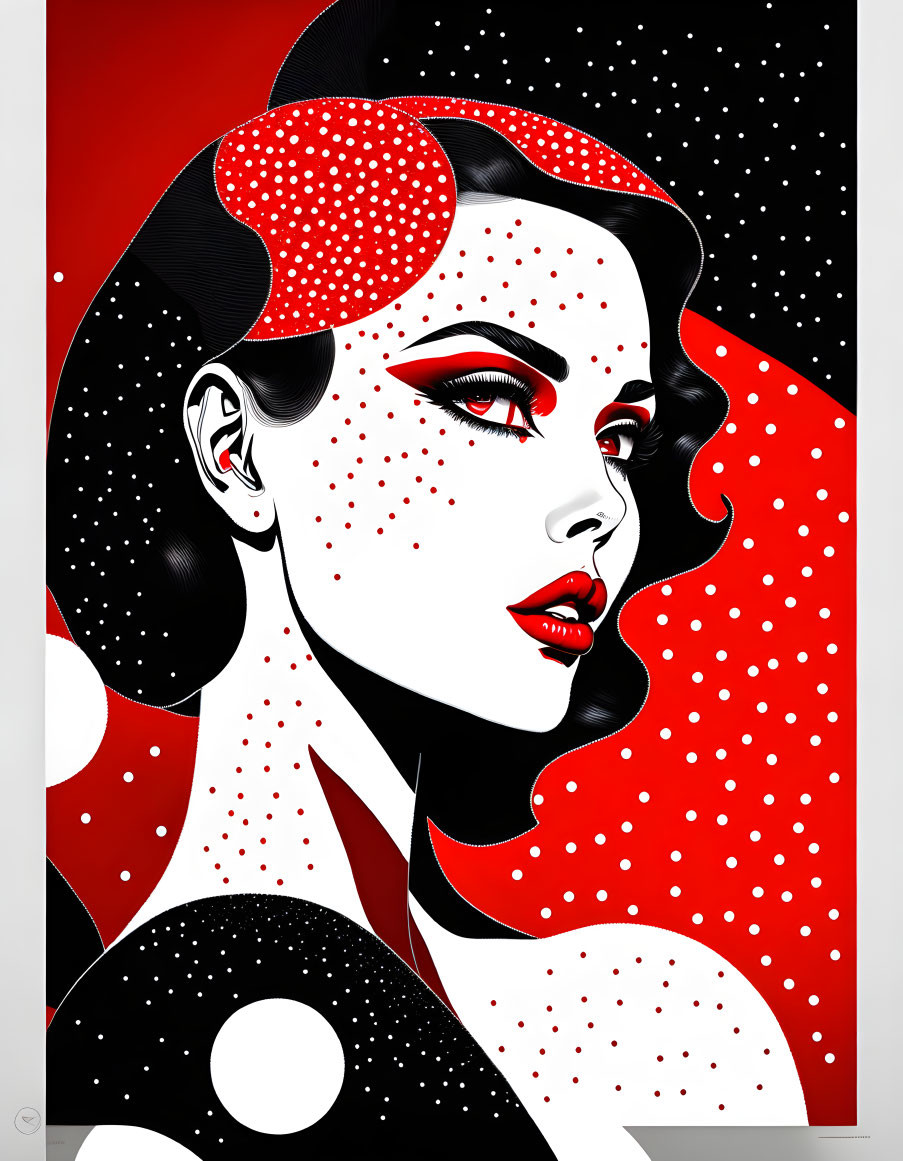 Illustration of woman with red and black theme, striking red lips, and dotted background