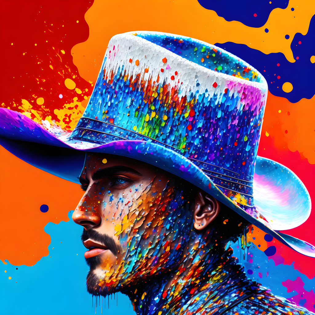 Colorful portrait of a man with paint-splattered cowboy hat on vibrant background