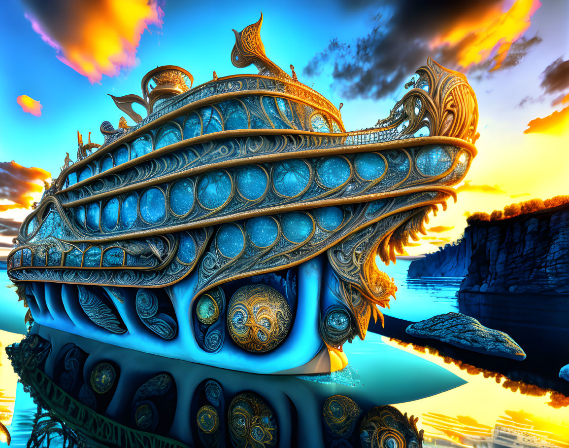 Golden ship with intricate patterns on water under vivid sunset sky