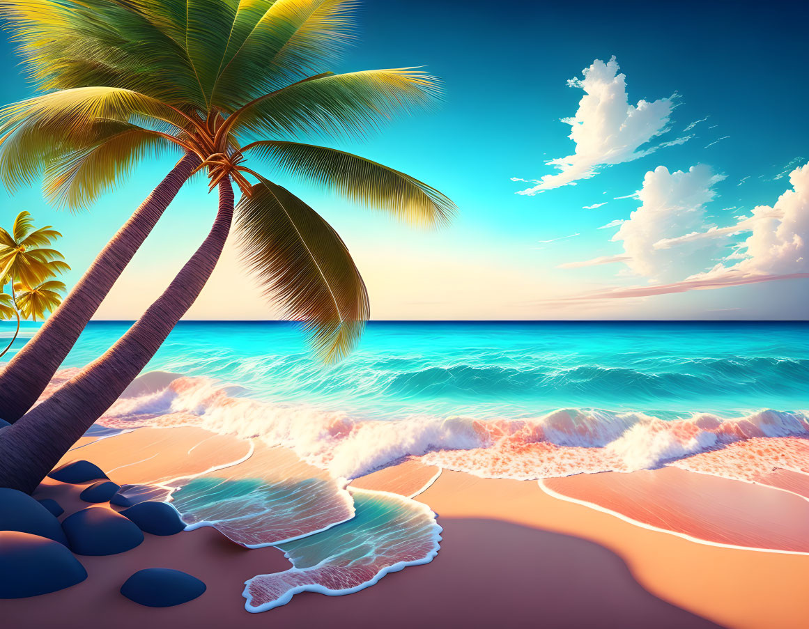 Tranquil tropical beach sunset with palm trees, gentle waves, and vibrant sky