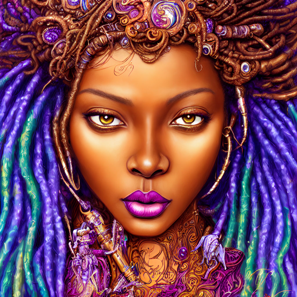 Intricate purple dreadlocks and golden eyes in digital portrait