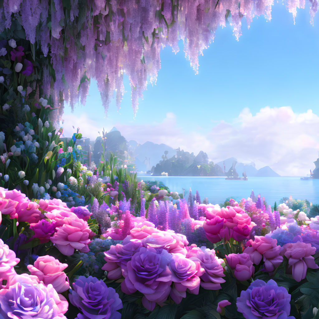 Colorful flowers, wisteria, lake, mountains under blue sky