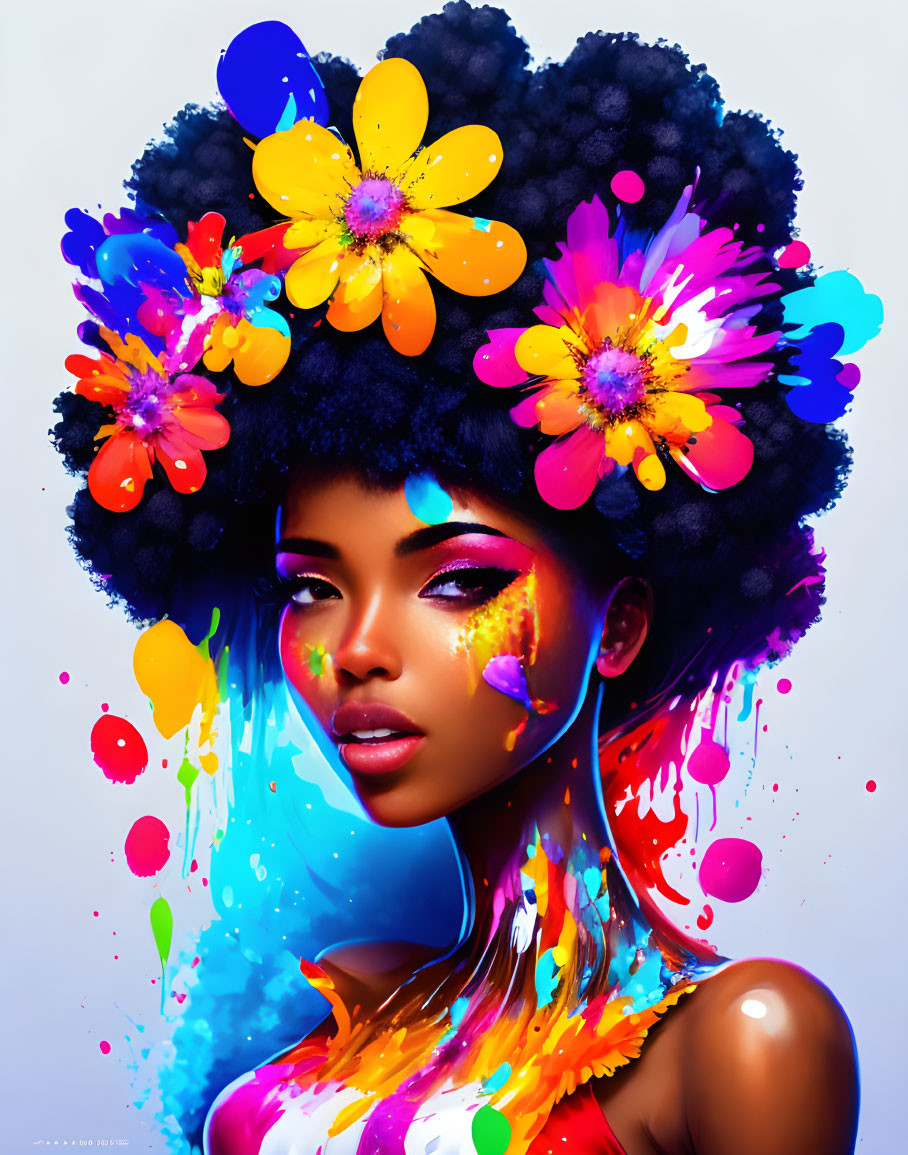 Colorful digital artwork: Woman with afro adorned with flowers and paint splatters