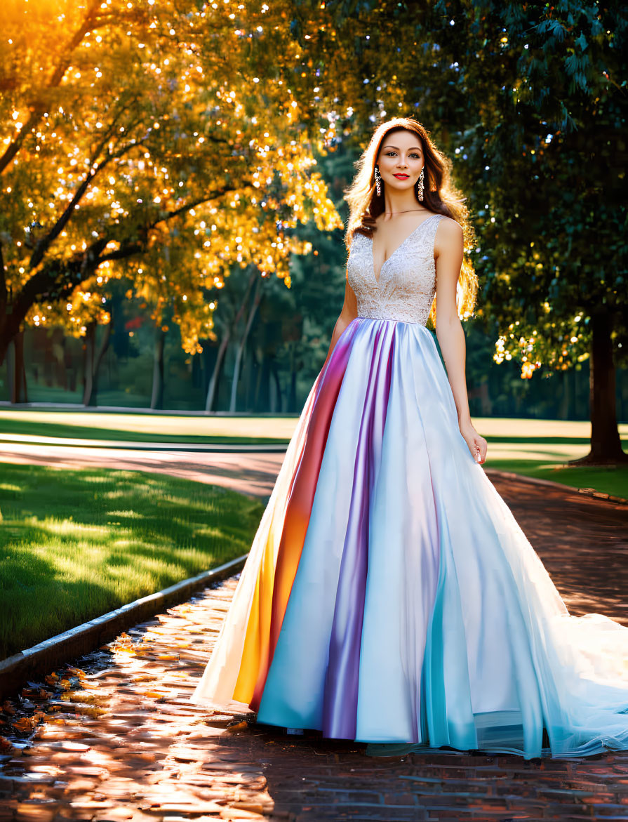 Woman in colorful gown strolling tree-lined pathway in warm sunlight