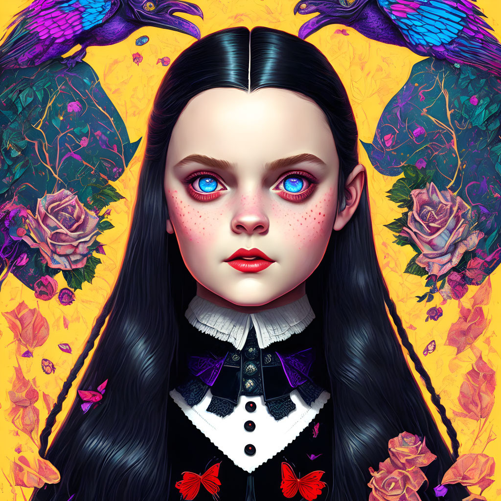 Portrait of girl with dark hair and blue eyes, surrounded by ravens, roses, and butterflies on