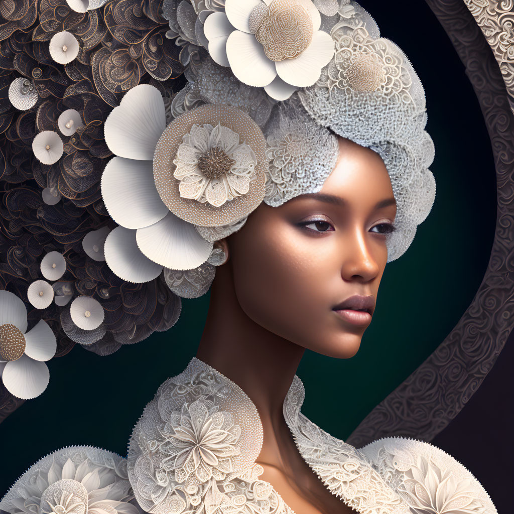 Elaborate White Flower Headdress on Serene Woman