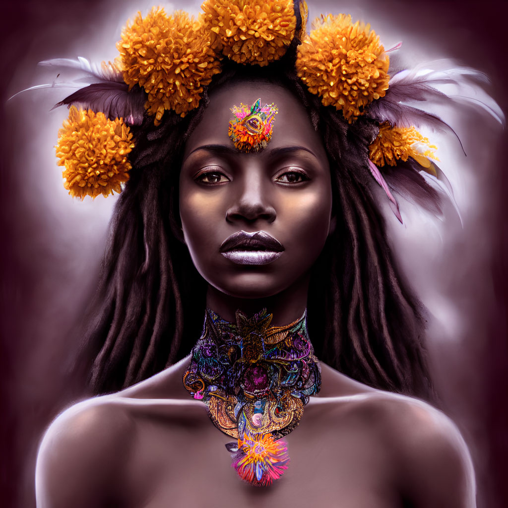 Portrait of woman with marigold flowers, facial decoration, and ornate neckpiece on purple background