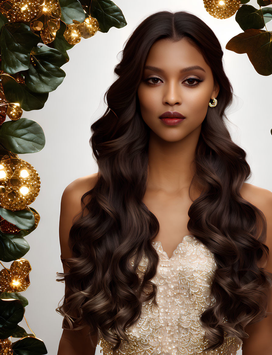 Elegant woman with wavy hair in sequined gown among golden leaves