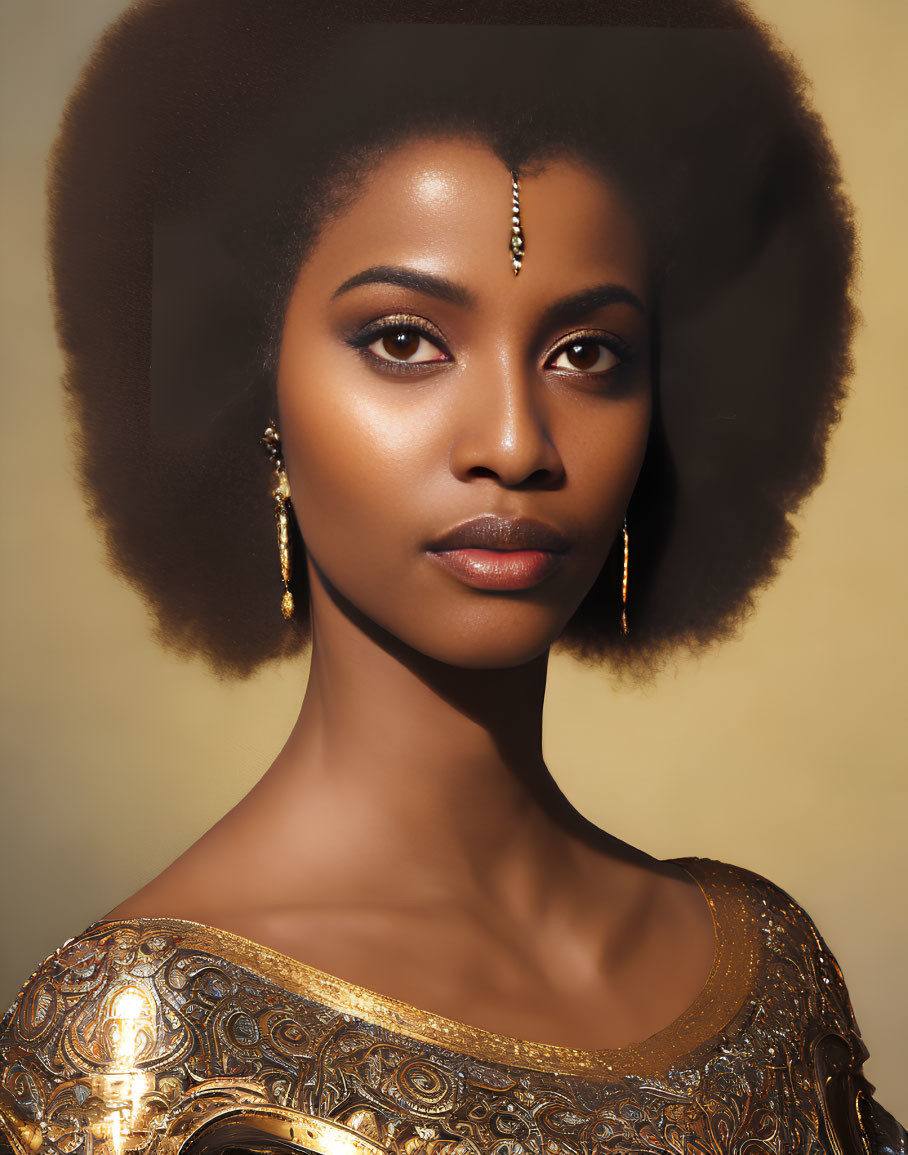 Woman with Full Afro Hairstyle and Traditional Gold Jewelry in Elegant Makeup gazes at Camera on Warm Background