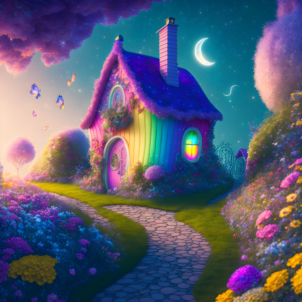 Twilight cottage with vibrant flowers, glowing pathway, butterflies, crescent moon