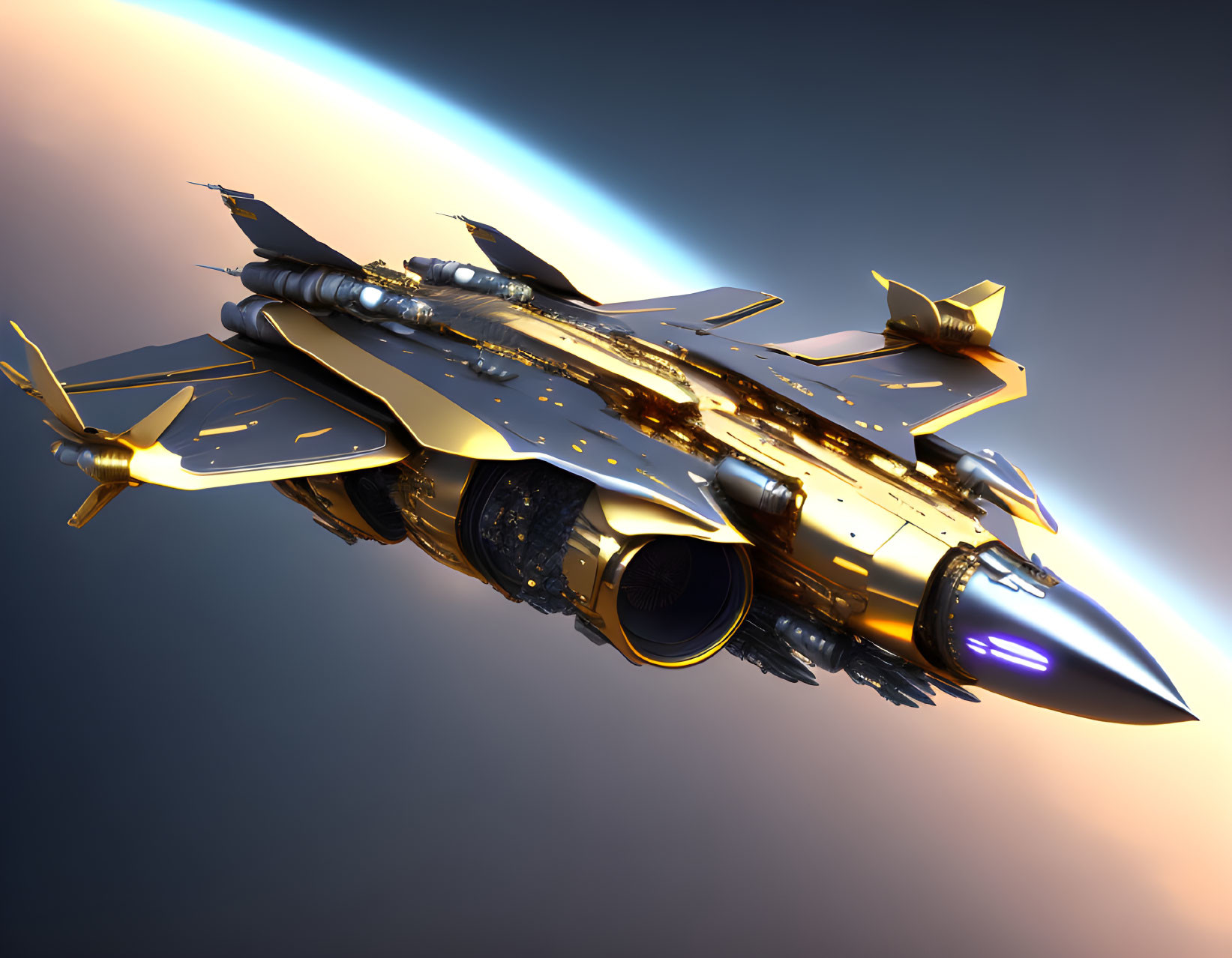 Golden futuristic spaceship with intricate designs and sharp wings against blue-orange backdrop