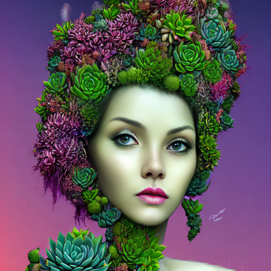 Vibrant succulent crown on woman in digital portrait