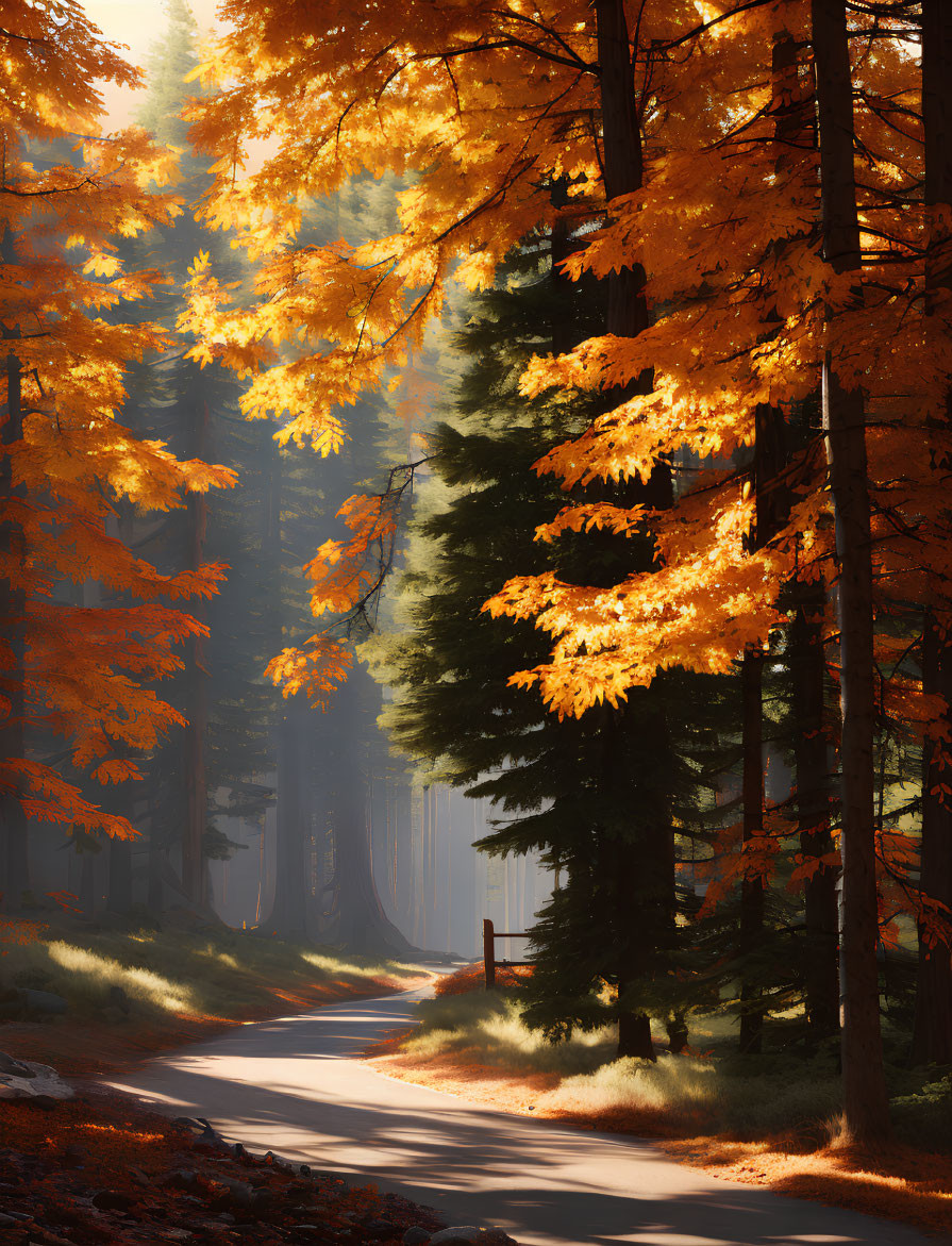 Scenic forest road with vibrant autumn trees