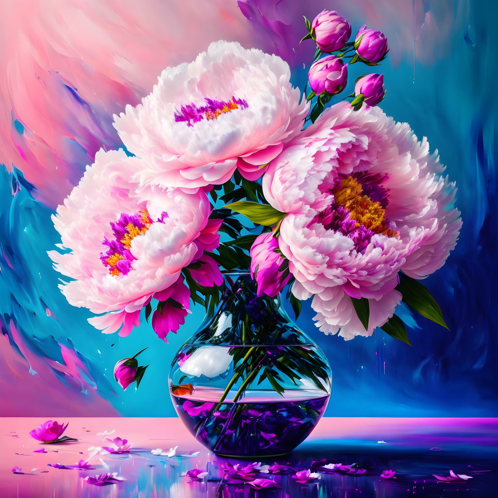 Colorful digital artwork featuring pink peonies in a vase