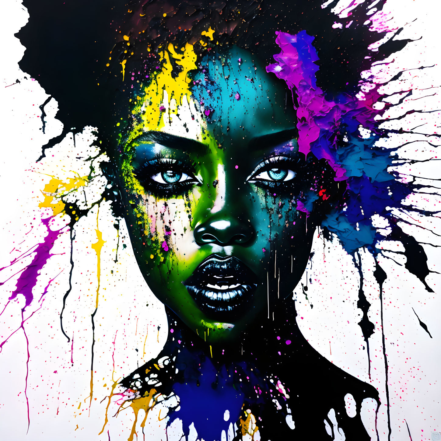 Colorful Ink Splatter Artwork Featuring Woman's Face