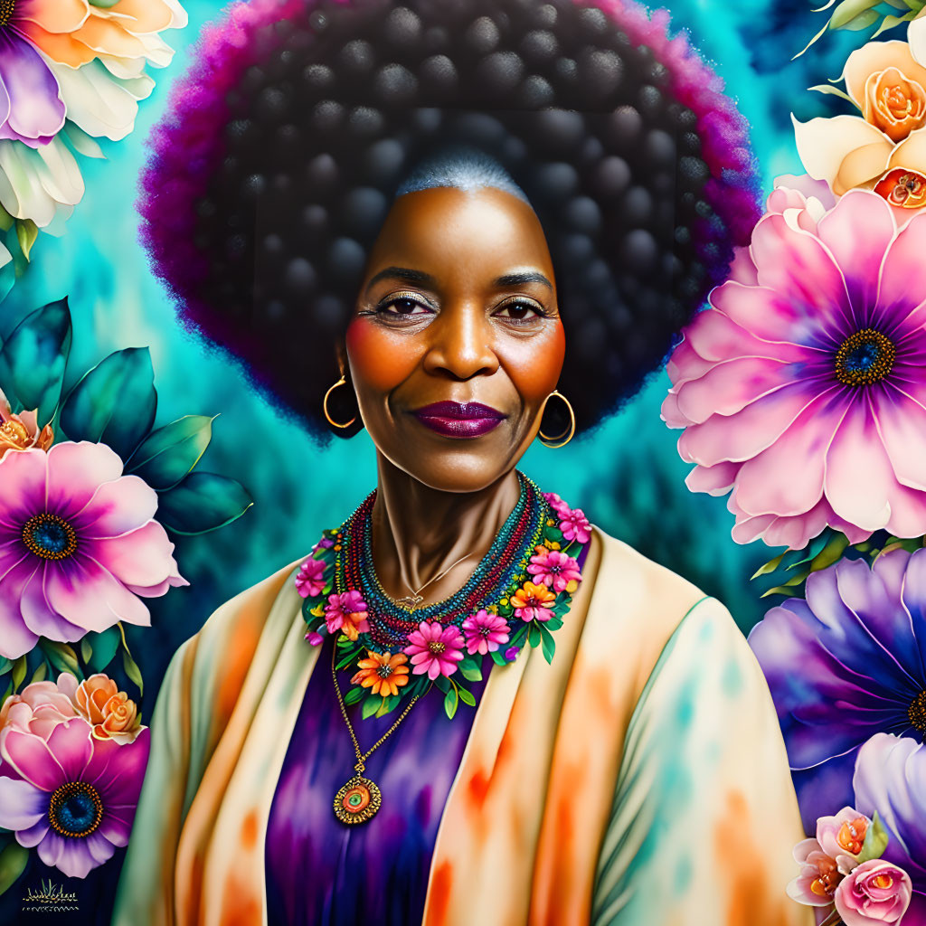 Colorful Woman Portrait with Afro and Floral Accessories