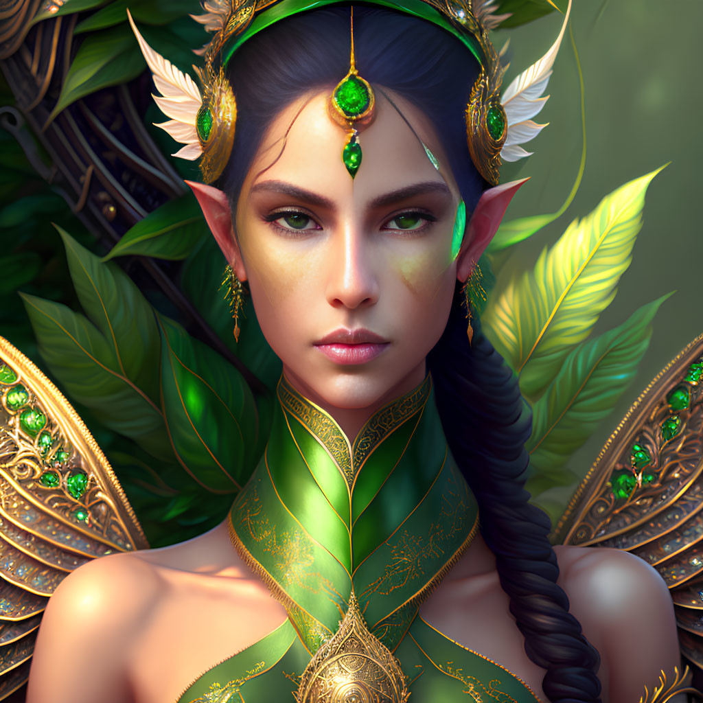 Fantasy elf woman with green eyes and golden jewelry in green and gold leaf attire