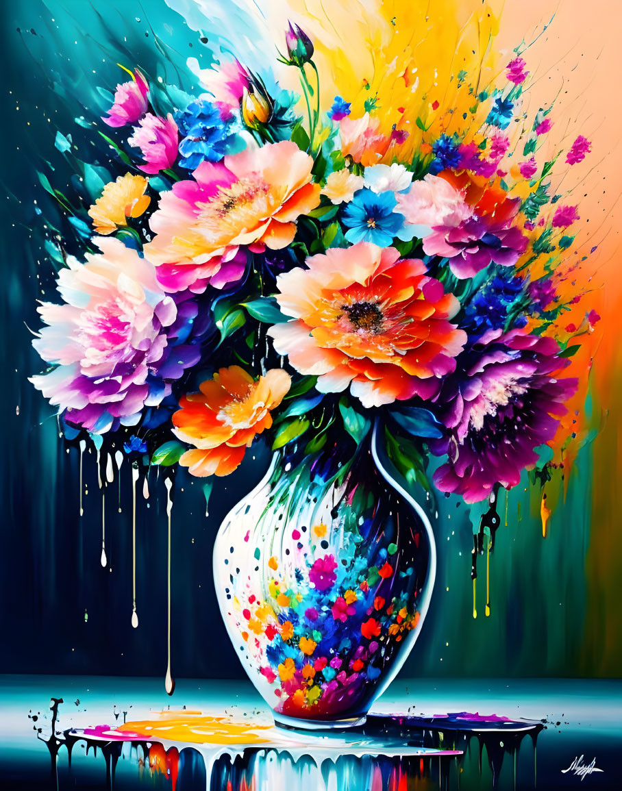 Colorful Flower Bouquet Painting in Speckled Vase with Dripping Background