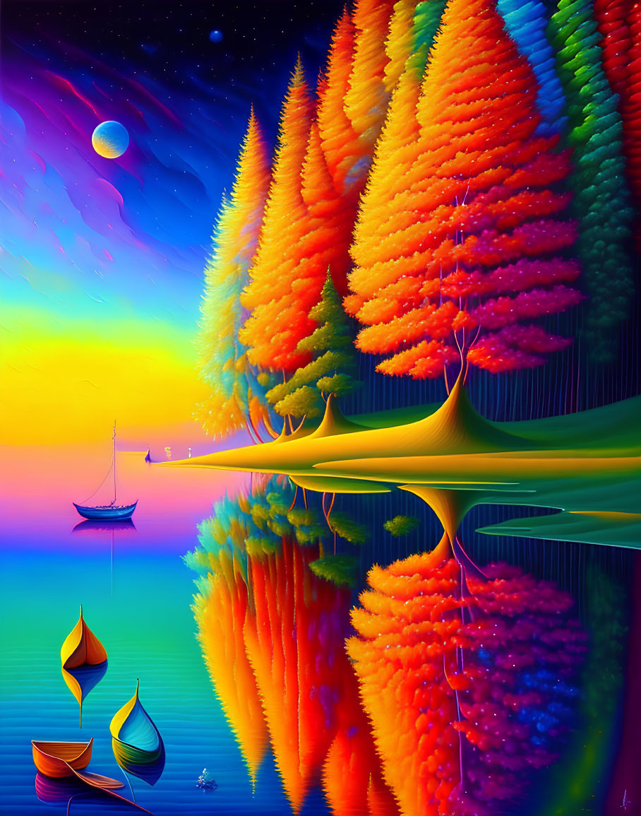 Colorful Surreal Forest with Reflections in Water and Boats on Serene Lake