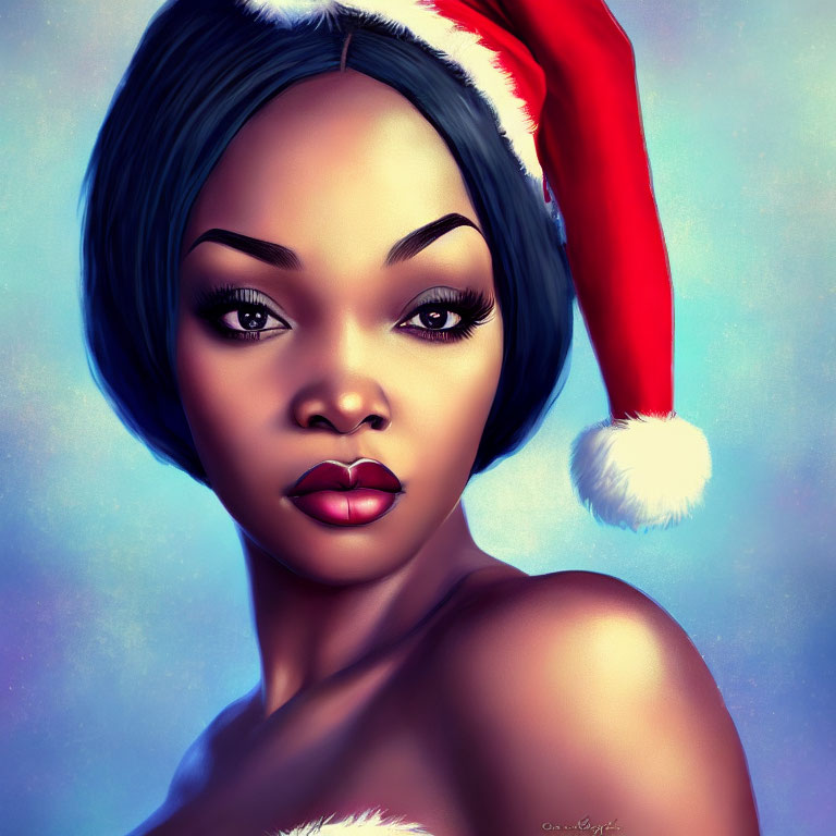 Digital illustration of woman in Santa hat on blue background