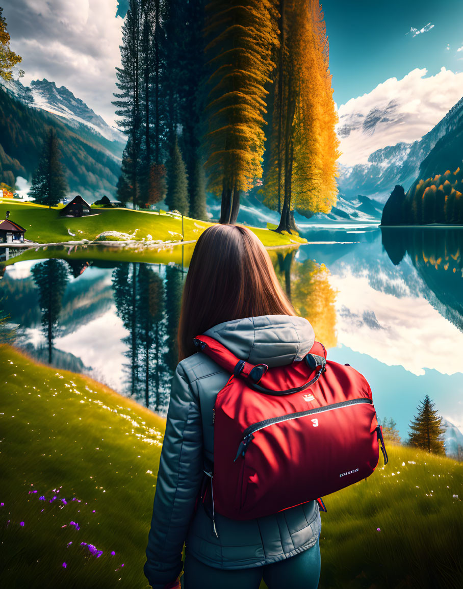 Person with red backpack at serene alpine lake with autumnal trees and mountain backdrop