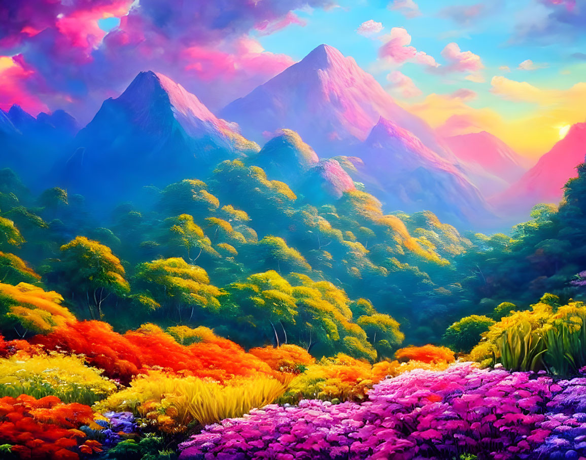 Colorful Landscape with Greenery, Flowers, and Purple Mountains