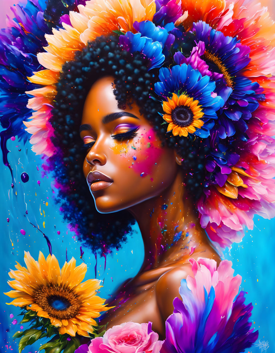 Colorful Flower Halo Portrait of Woman with Rich Blues