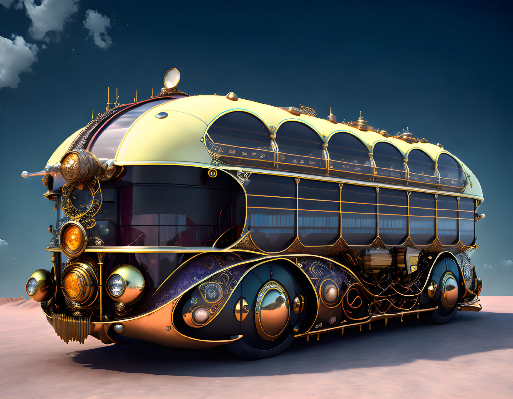 Futuristic steampunk-style bus in desert with brass and copper details