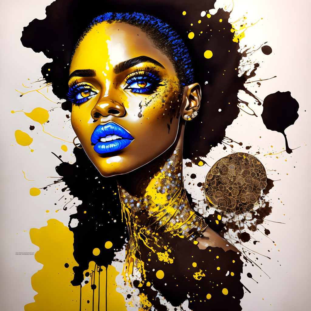 Colorful digital artwork: Woman with blue lips, yellow and black splatters, textured circle.