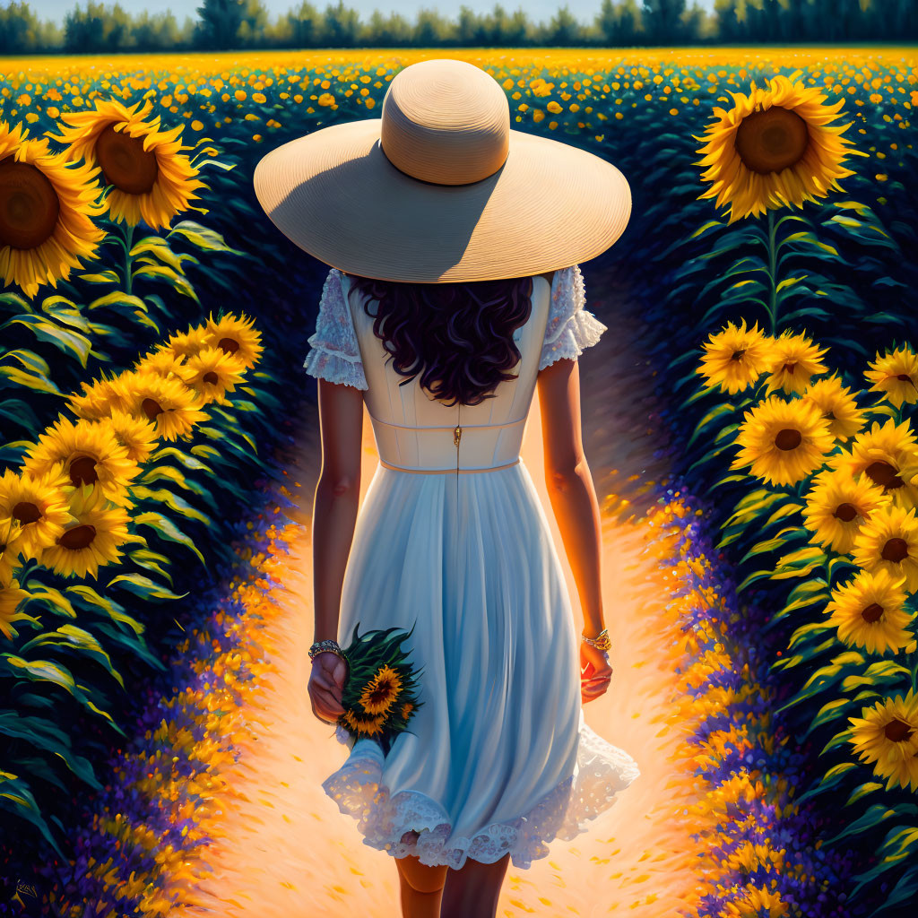 Woman in white dress and sunhat in sunflower field holding flower.