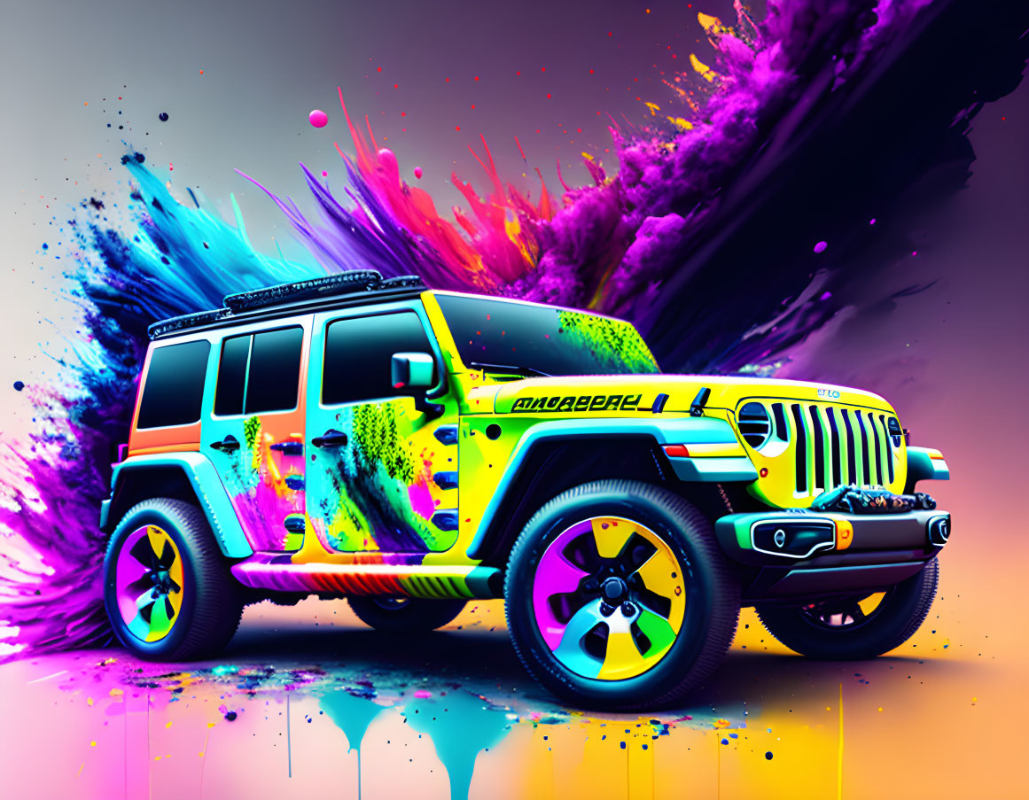 Colorful Jeep with paint splatter design on vibrant background.