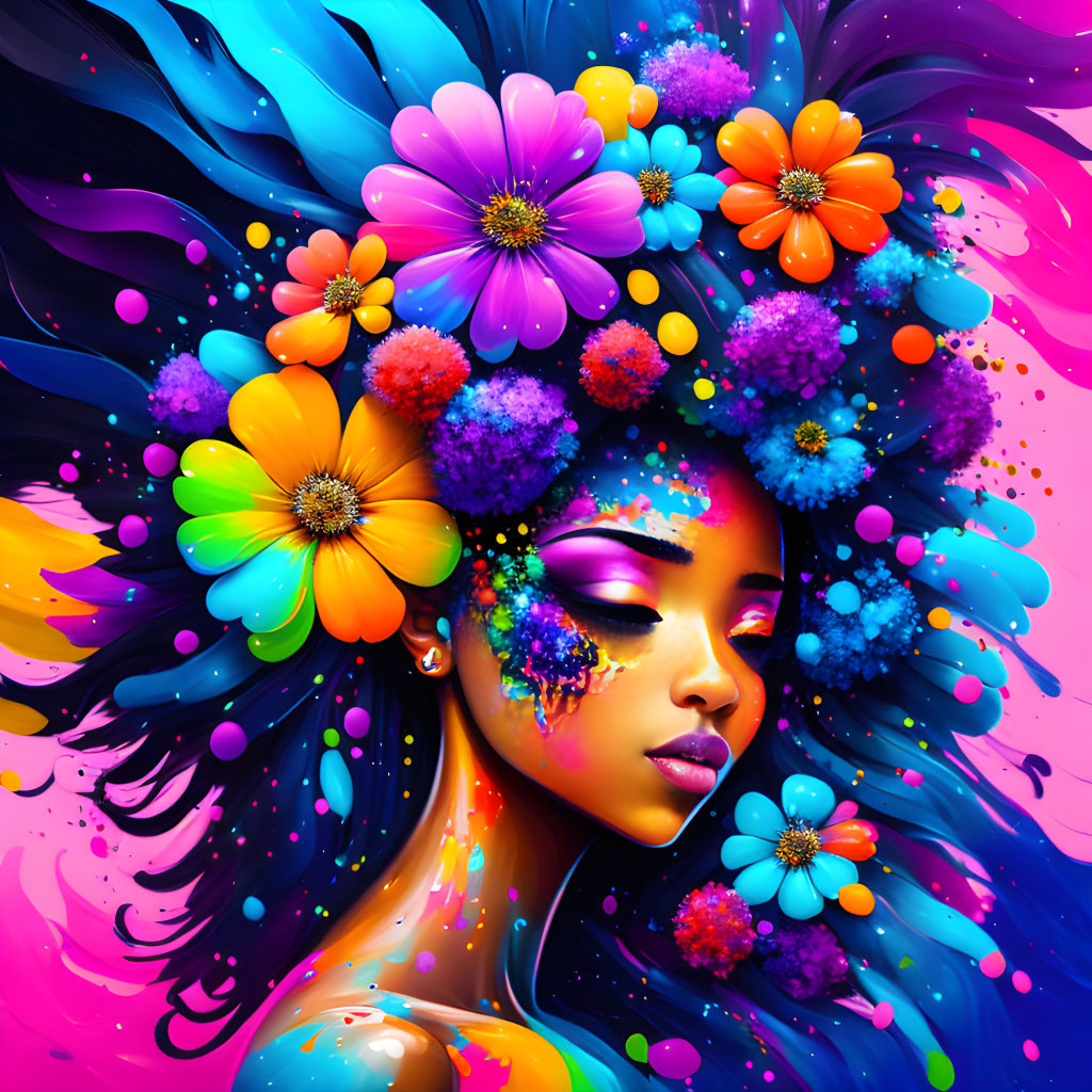 Colorful Woman with Flowers and Paint Splashes in Hair