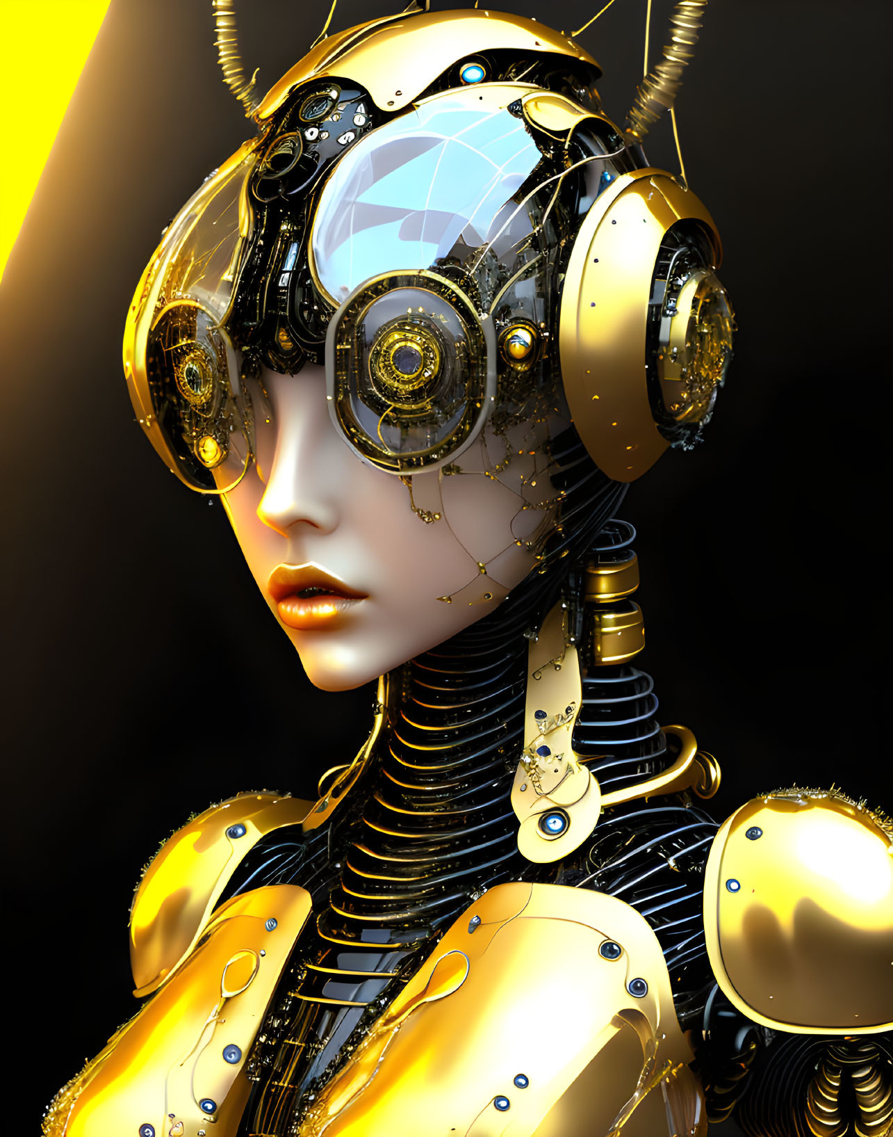 Detailed 3D illustration of female humanoid robot with golden headgear and mechanical parts on dark background