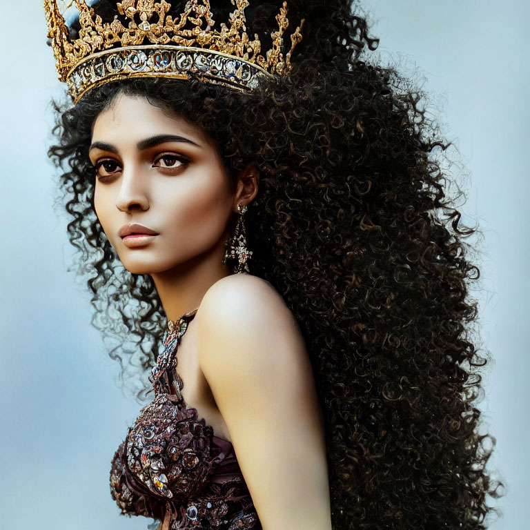 Woman with curly hair, crown, earrings, and jeweled dress on blue background