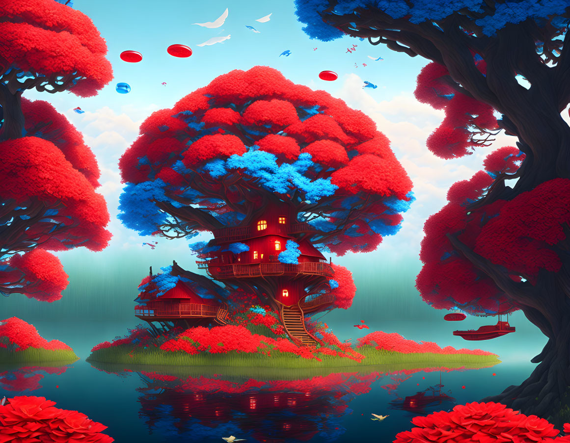 Colorful Treehouse Illustration Surrounded by Giant Red Trees