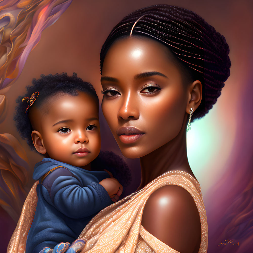 Portrait of woman with braided hair carrying child on back with warm brown eyes on soft background