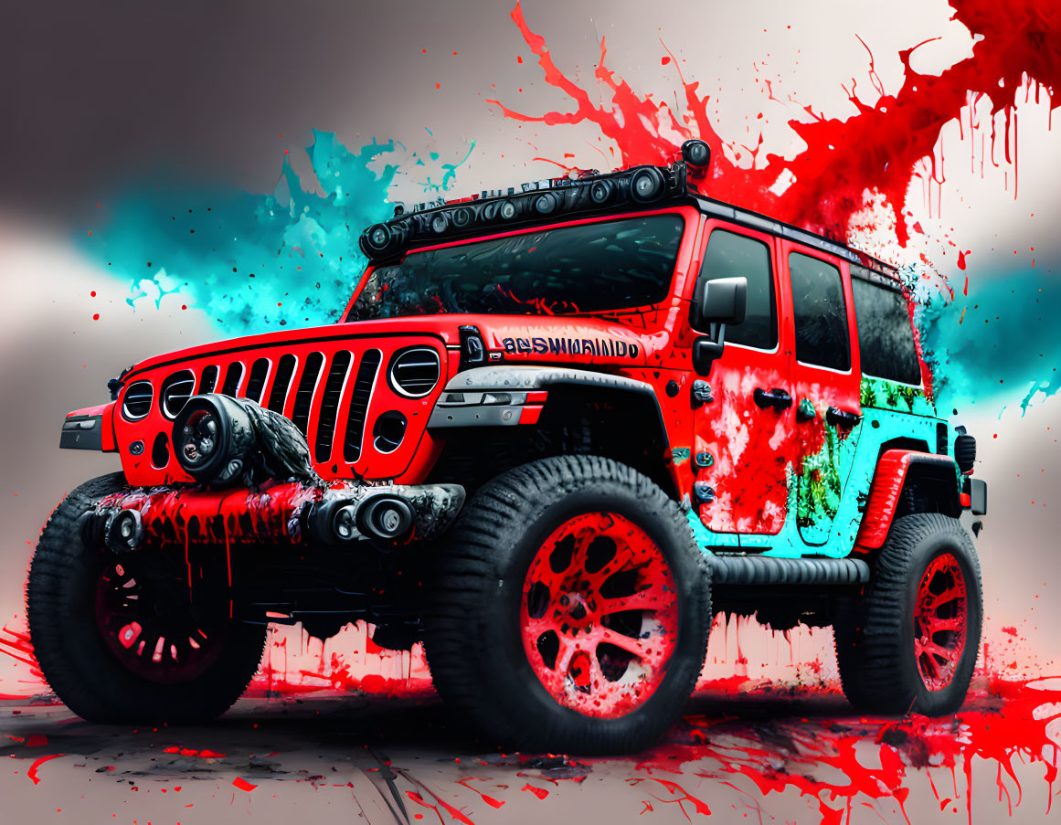 Customized Jeep with Red Wheels and Paint Splatter Design