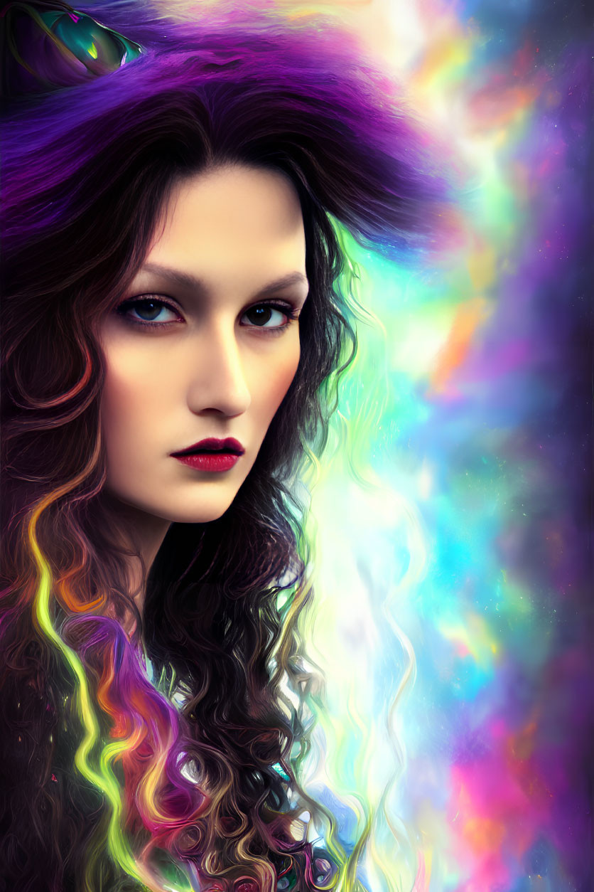 Vibrant multicolored hair on a surreal woman portrait