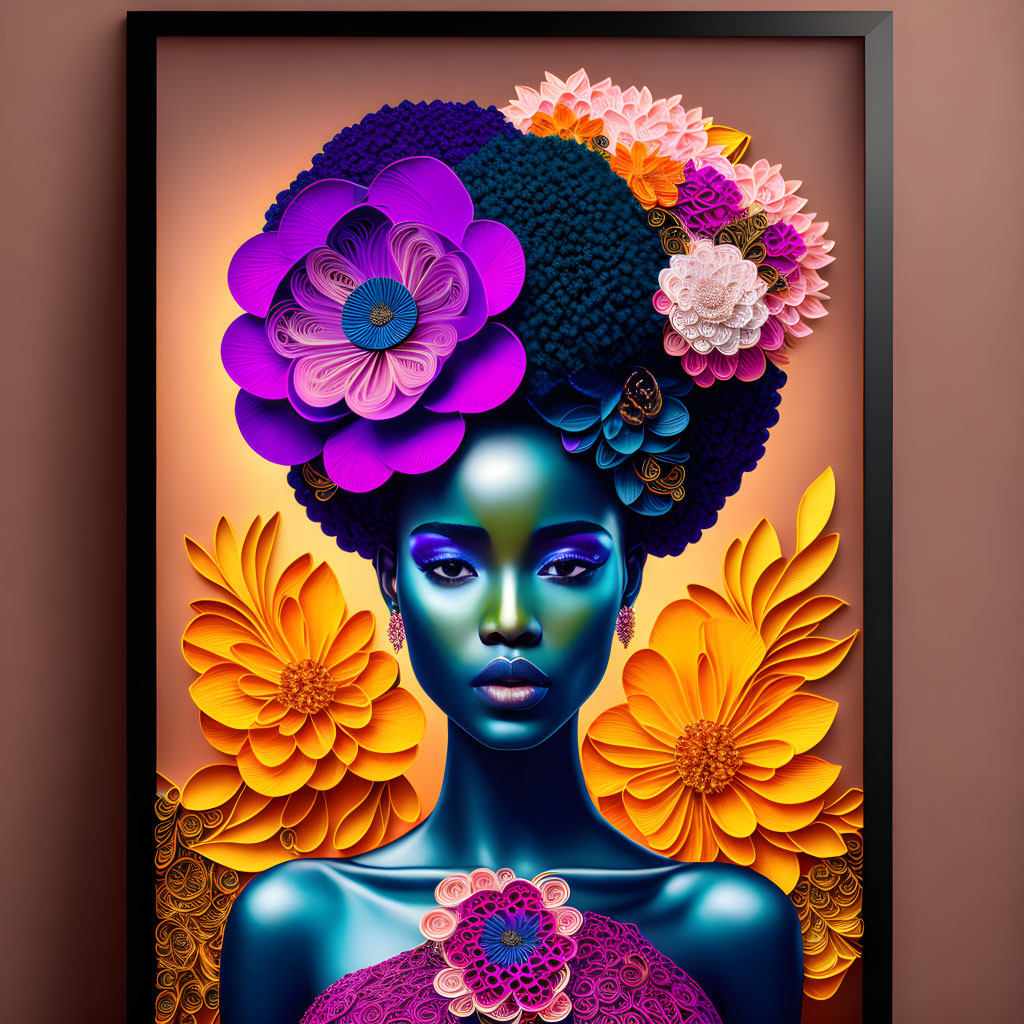 Colorful digital portrait of woman with purple skin and floral headdress on orange background