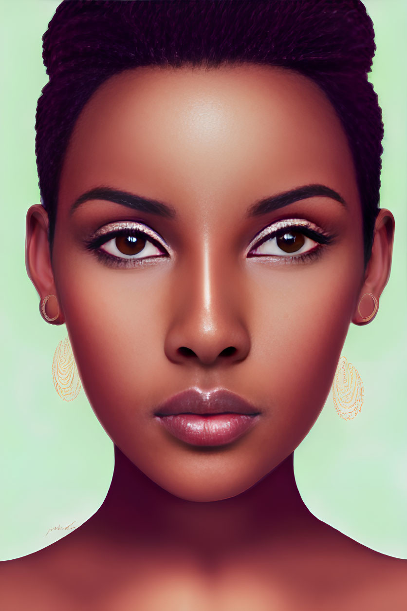 Digital portrait of woman with short hairstyle, hoop earrings, and piercing eyes on mint green backdrop