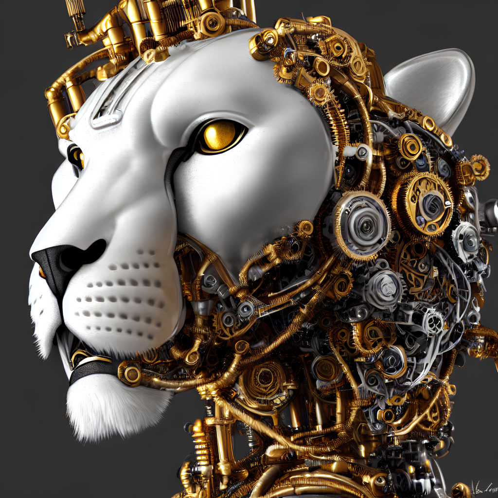 Mechanical leopard head with gold and silver gears and luminous yellow eyes