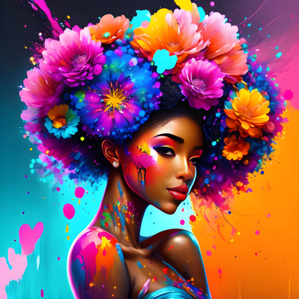 Colorful digital artwork of woman with floral headdress & paint splashes