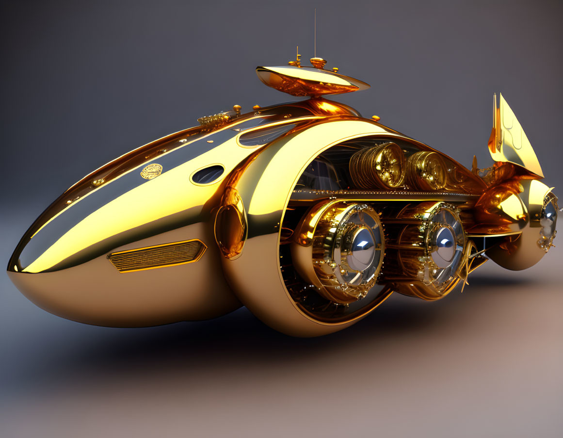 Golden Futuristic Vehicle with Circular Engines and Wing-like Appendages