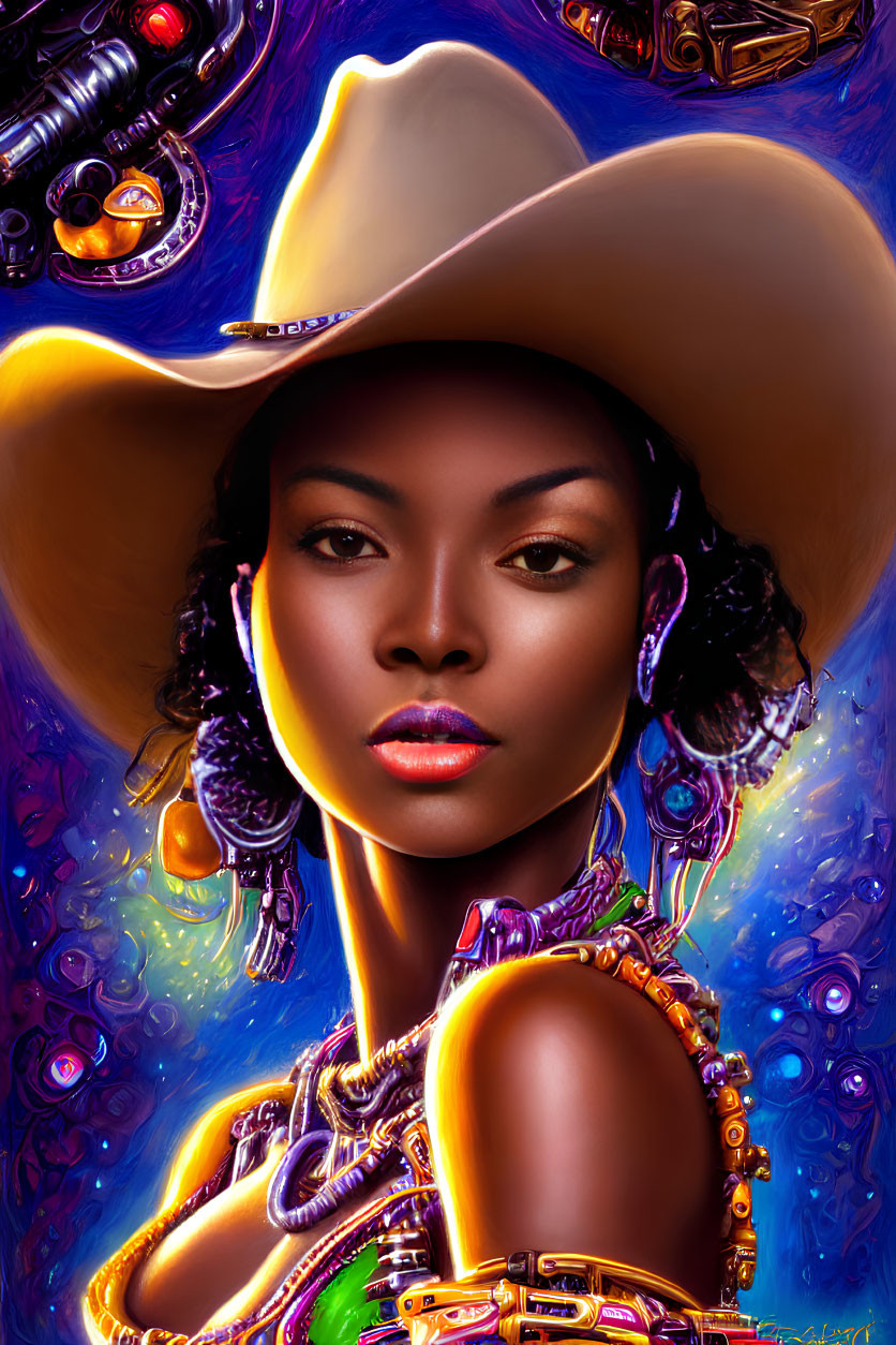 Colorful illustration: woman in cowboy hat with futuristic outfit