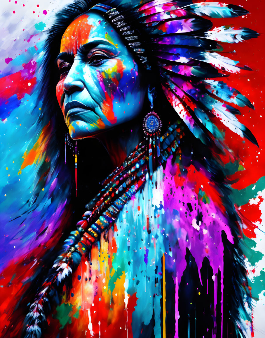 Colorful Native American artwork with feather headdress: vibrant and expressive.