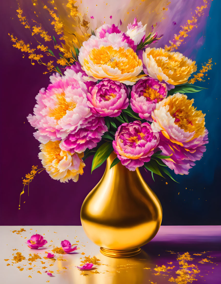 Colorful Pink and Yellow Peonies in Golden Vase with Purple Backdrop