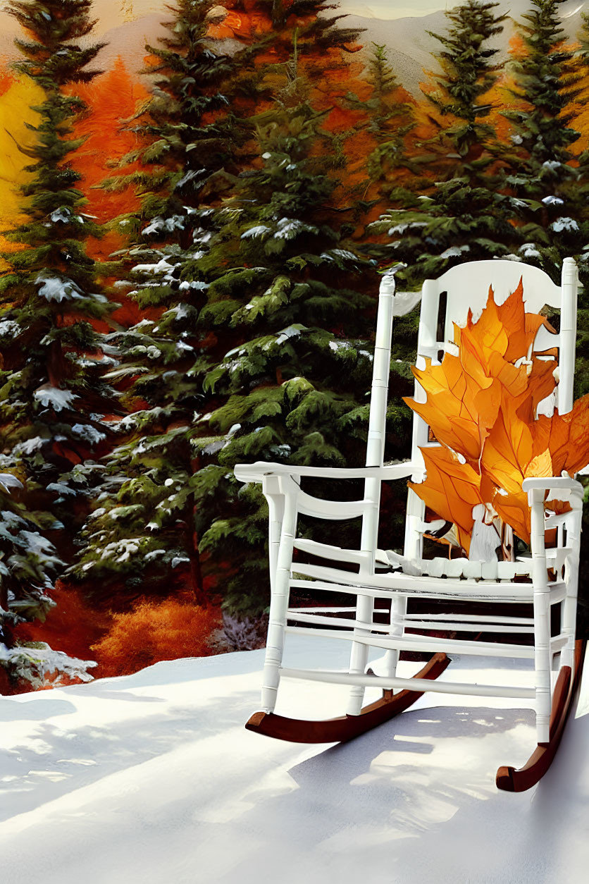 White Rocking Chair with Orange Leaves in Snowy Landscape