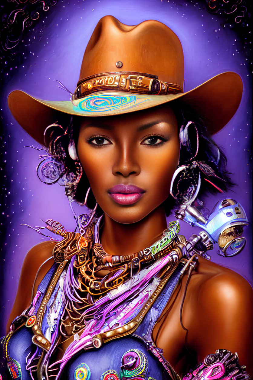 Futuristic digital art portrait of woman with robotic arm and techno-tribal accessories